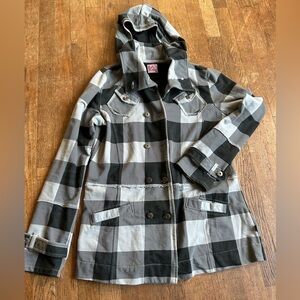 LA Kitty Women's Size Medium Black Grey Jacket Plaid Button Pockets Long Sleeves